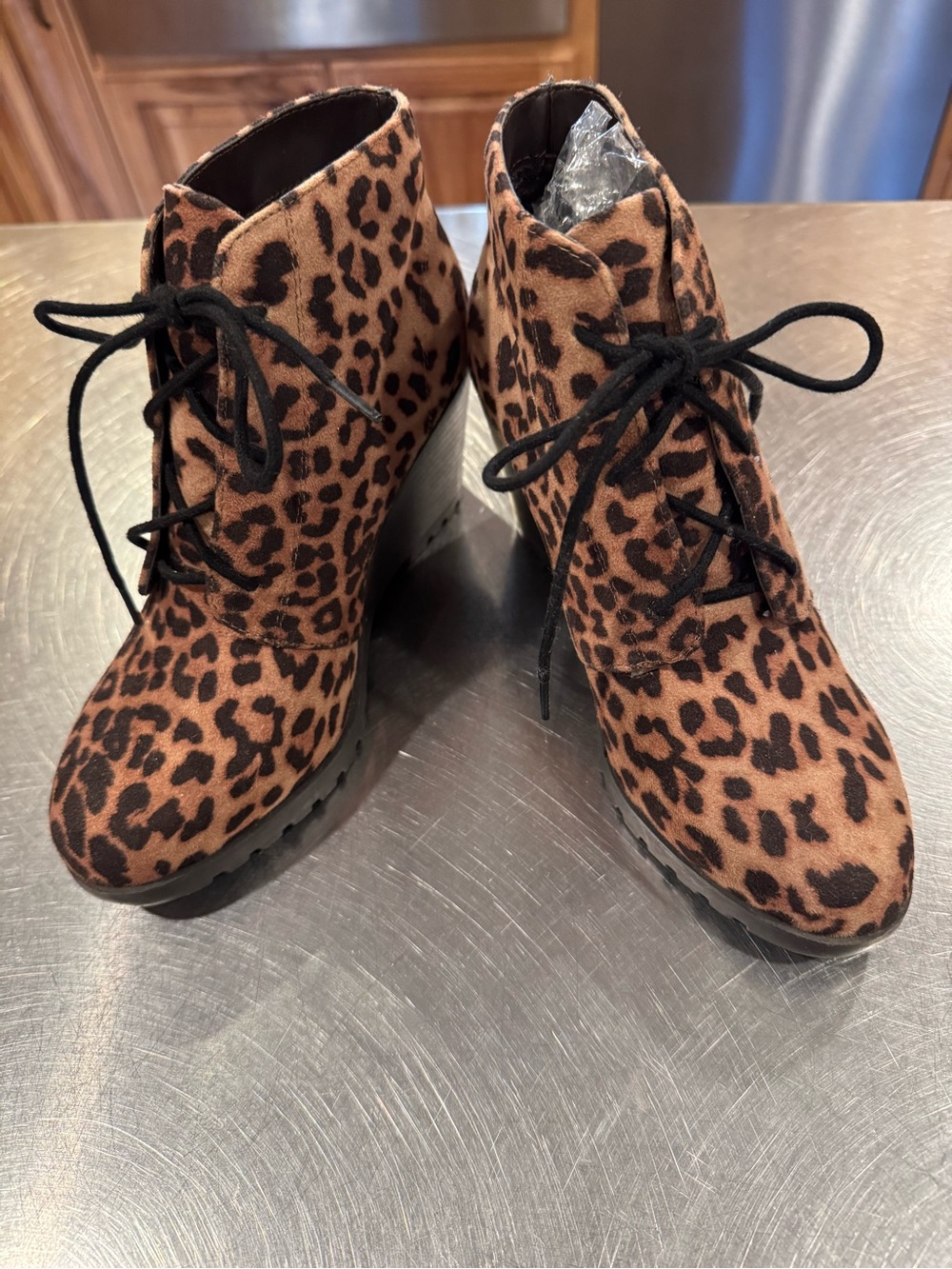 Soda Leopard Print Lace-Up Wedge Ankle Boots - Brown & Black
